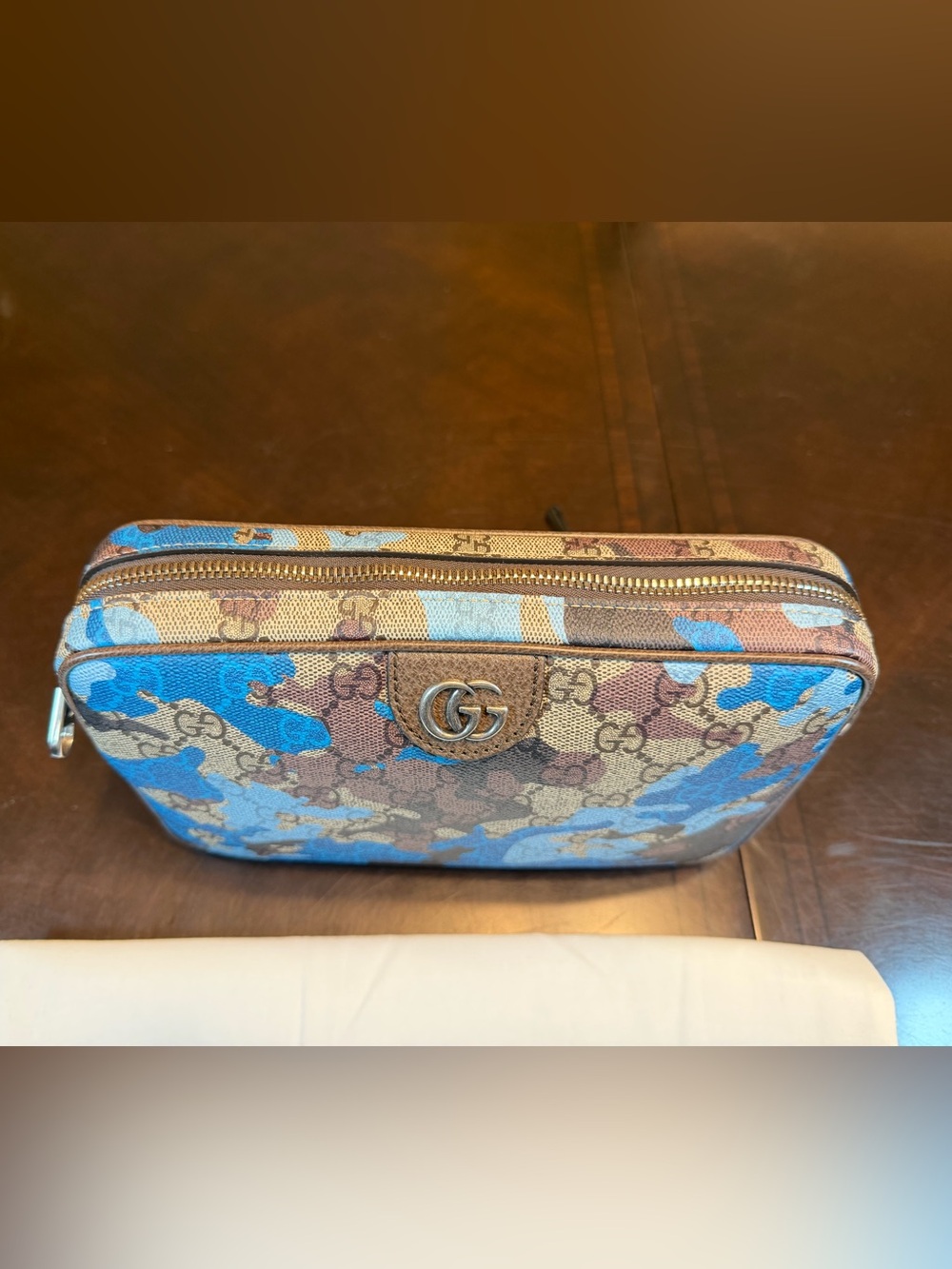 New Authentic Gucci GG Supreme Logo Leather Brown Blue Shoulder Bag - Picture 3 of 16